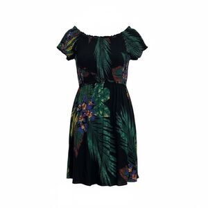 Patrons of Peace Smocked Off the Shoulder Tropical Mini Dress Navy Green Medium